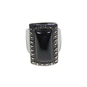 Inox Women's Polished Stainless Steel Ring with Rectangular Black Stone